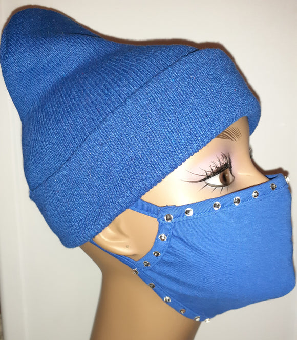 Cobalt Blue Beanie & Swarovski Face Mask