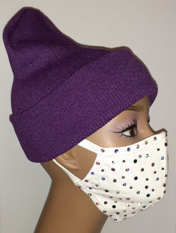 Purple Beanie & Swarovski Iridescent Face Mask